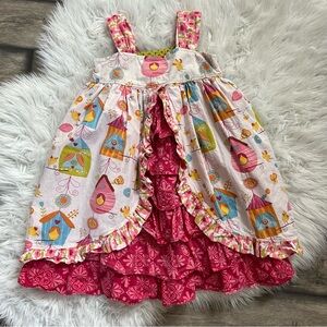 Jelly the Pug Colorful Birdhouse Print Dress with Pink Ruffles